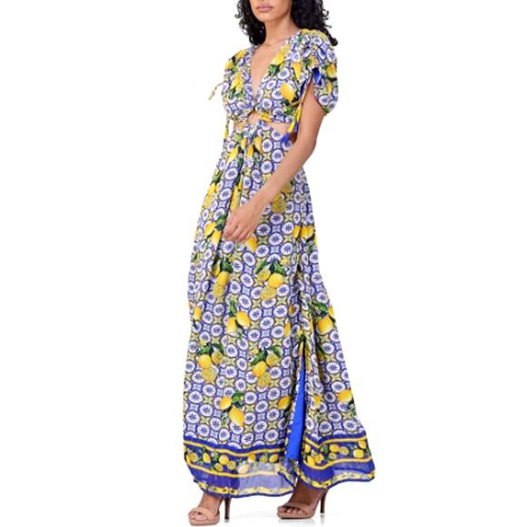America & Beyond Citrus Lemon Lurex Print Dress Size S - Picture 1 of 14